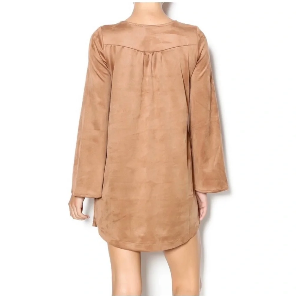 OLIVACEOUS ~ Tan Vegan Suede Dress with Bell Sleeves and Tie Detail ~Size Med - Picture 3 of 12